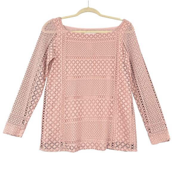 Massimo Dutti Pink Long Sleeve Round Neck Crochet Overlay Blouse Top USA 4 - Picture 1 of 8